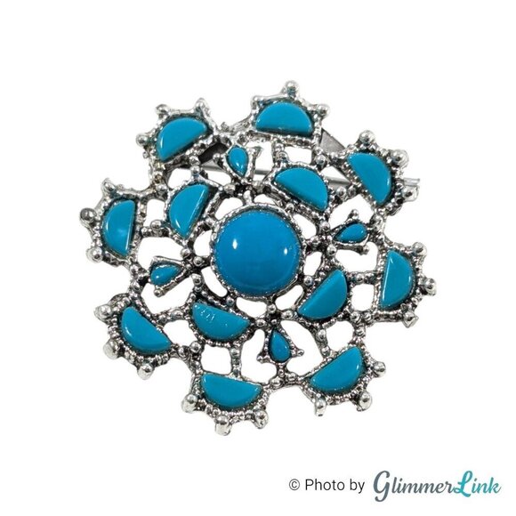 Vintage Southwestern Style Openwork Faux Turquoise Silver Tone Brooch - Picture 1 of 9